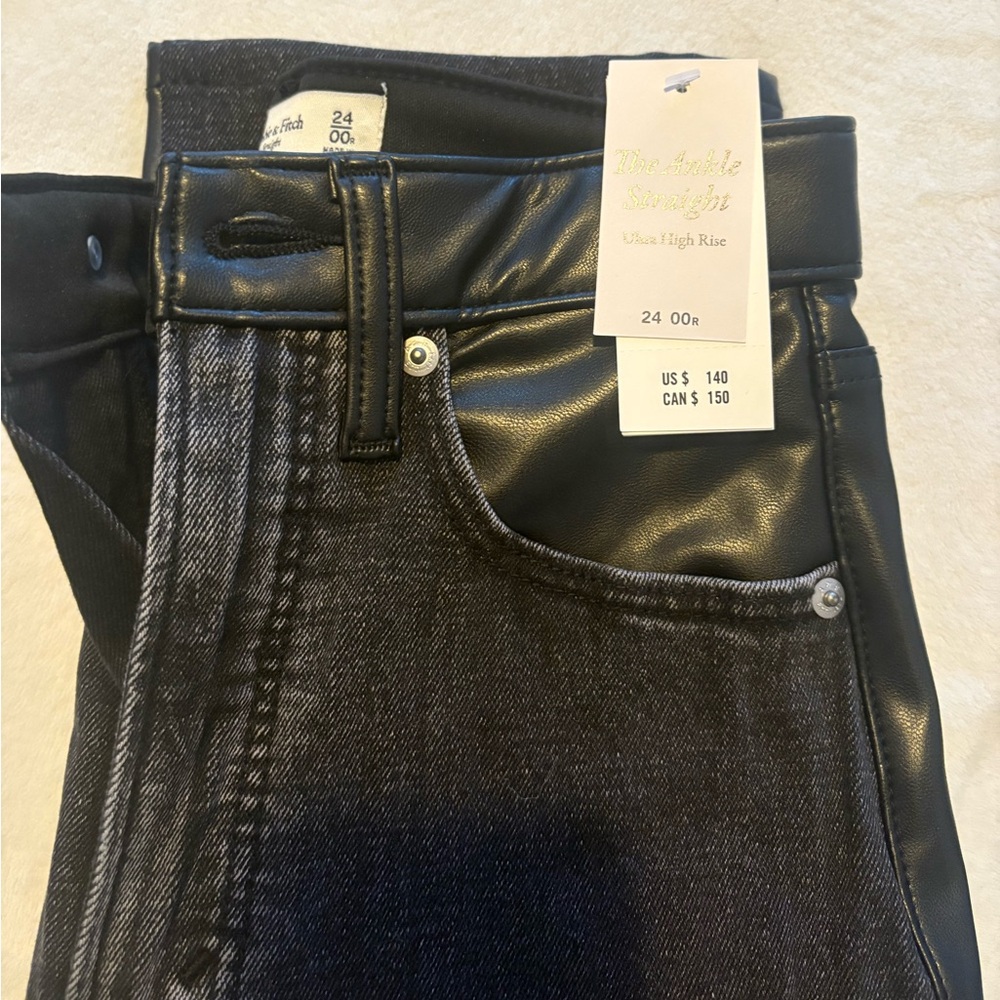 Mixed Fabric Ultra High Rise Ankle Straight Jean